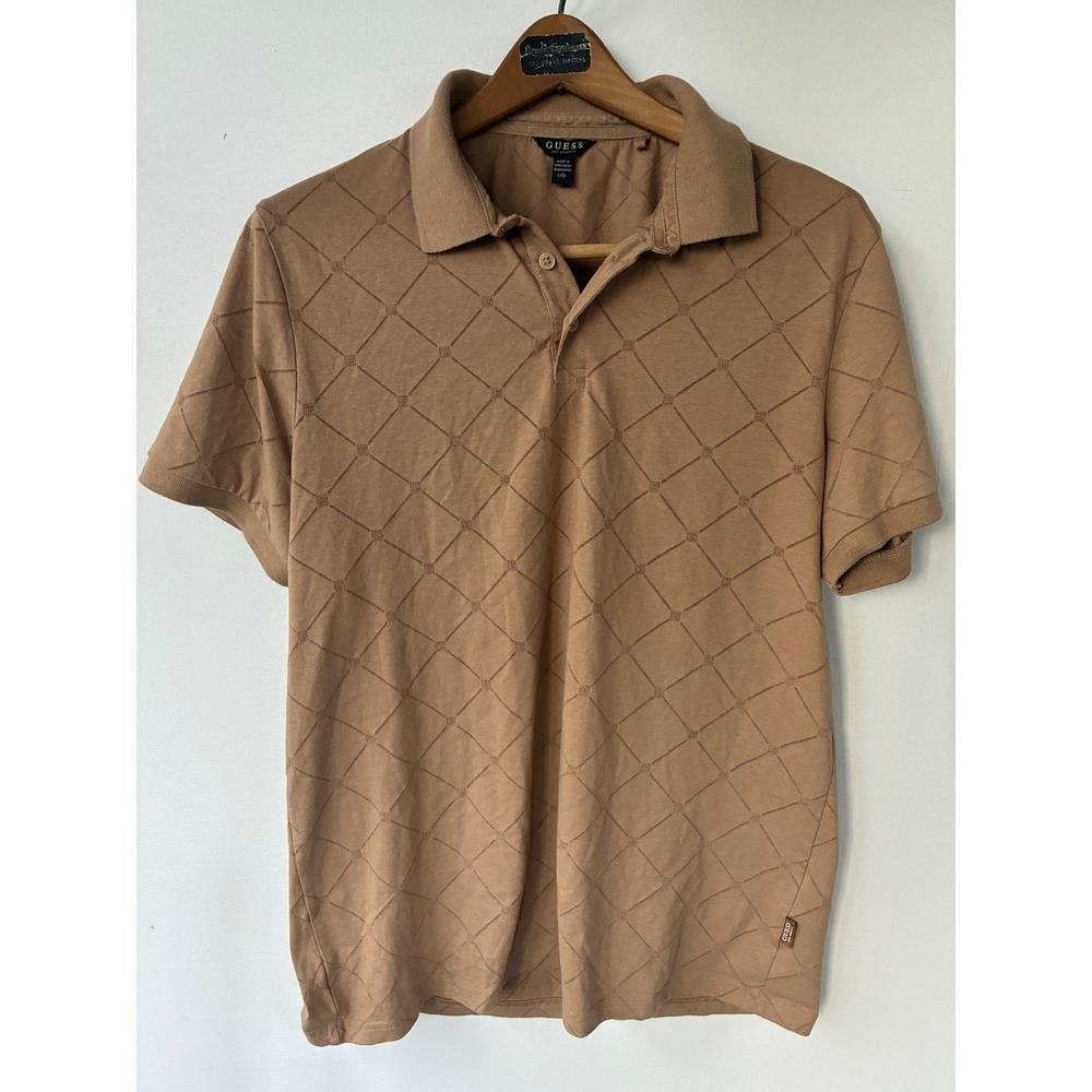 Guess‎ Los Angeles Mens Tan Diamond Trellis Monogram Polo Shirt Brown Large